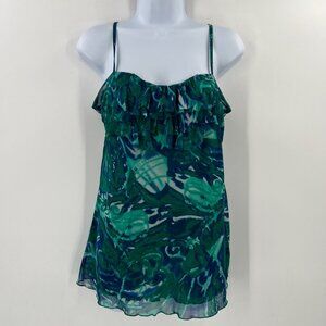 INC International Concepts L Ruffle Camisole Green Blue Abstract Layering Top